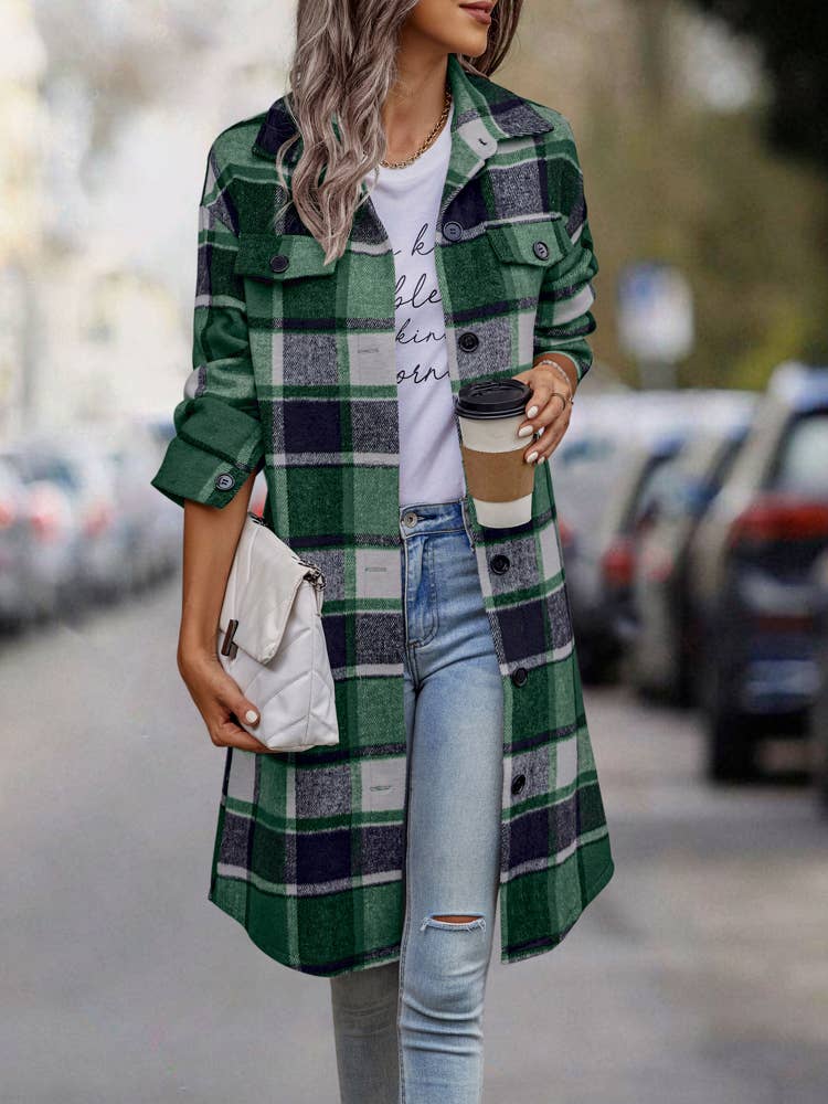 SZ1-JK8211 Plaid Button Down Long Coat: L / Navy Plaid