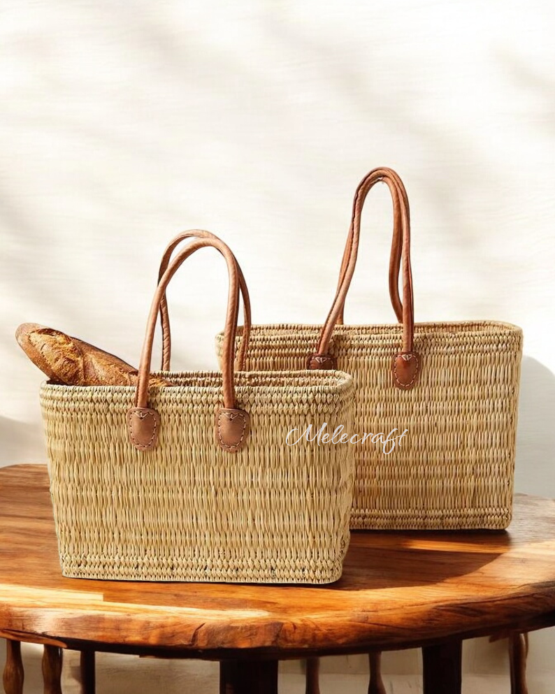 Handmade Moroccan Straw Tote with Leather Handles: Long Handles / Large