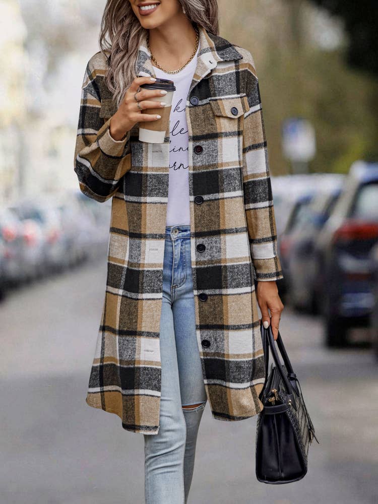 SZ1-JK8211 Plaid Button Down Long Coat: L / Navy Plaid