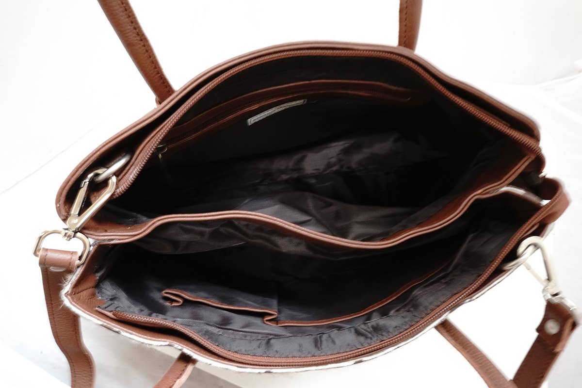 Cowhide Bag Hand bag with strip H12: BROWN