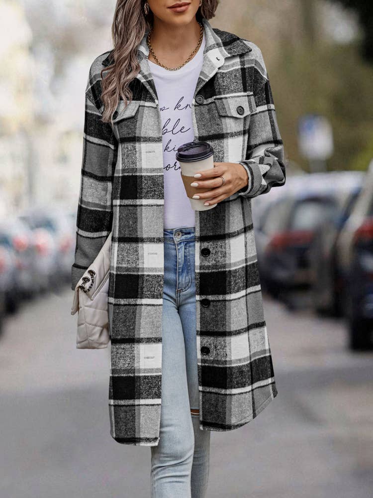 SZ1-JK8211 Plaid Button Down Long Coat: L / Navy Plaid