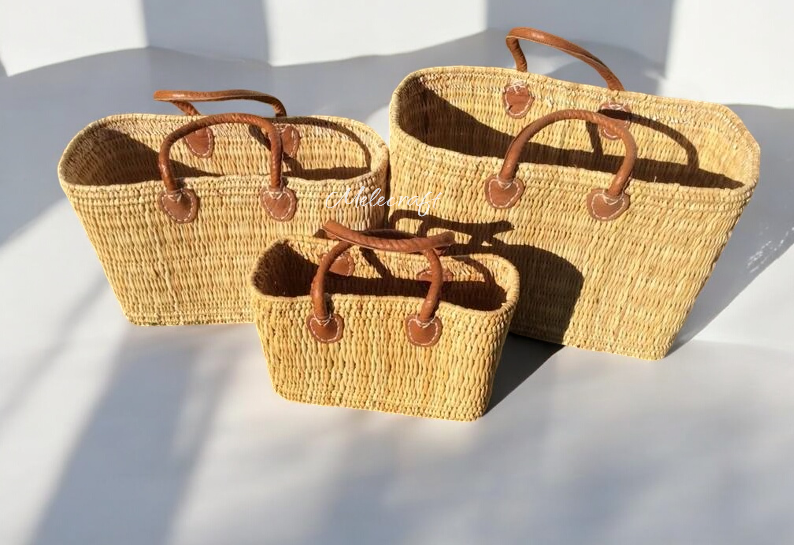 Handmade Moroccan Straw Tote with Leather Handles: Long Handles / Large