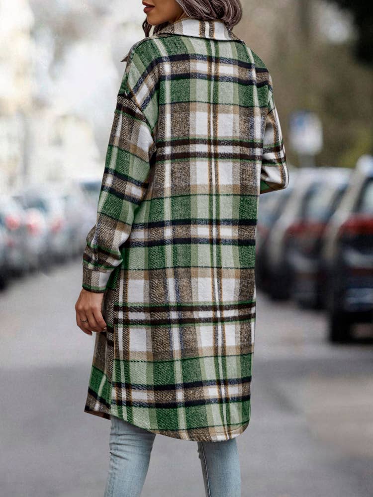 SZ1-JK8211 Plaid Button Down Long Coat: L / Navy Plaid