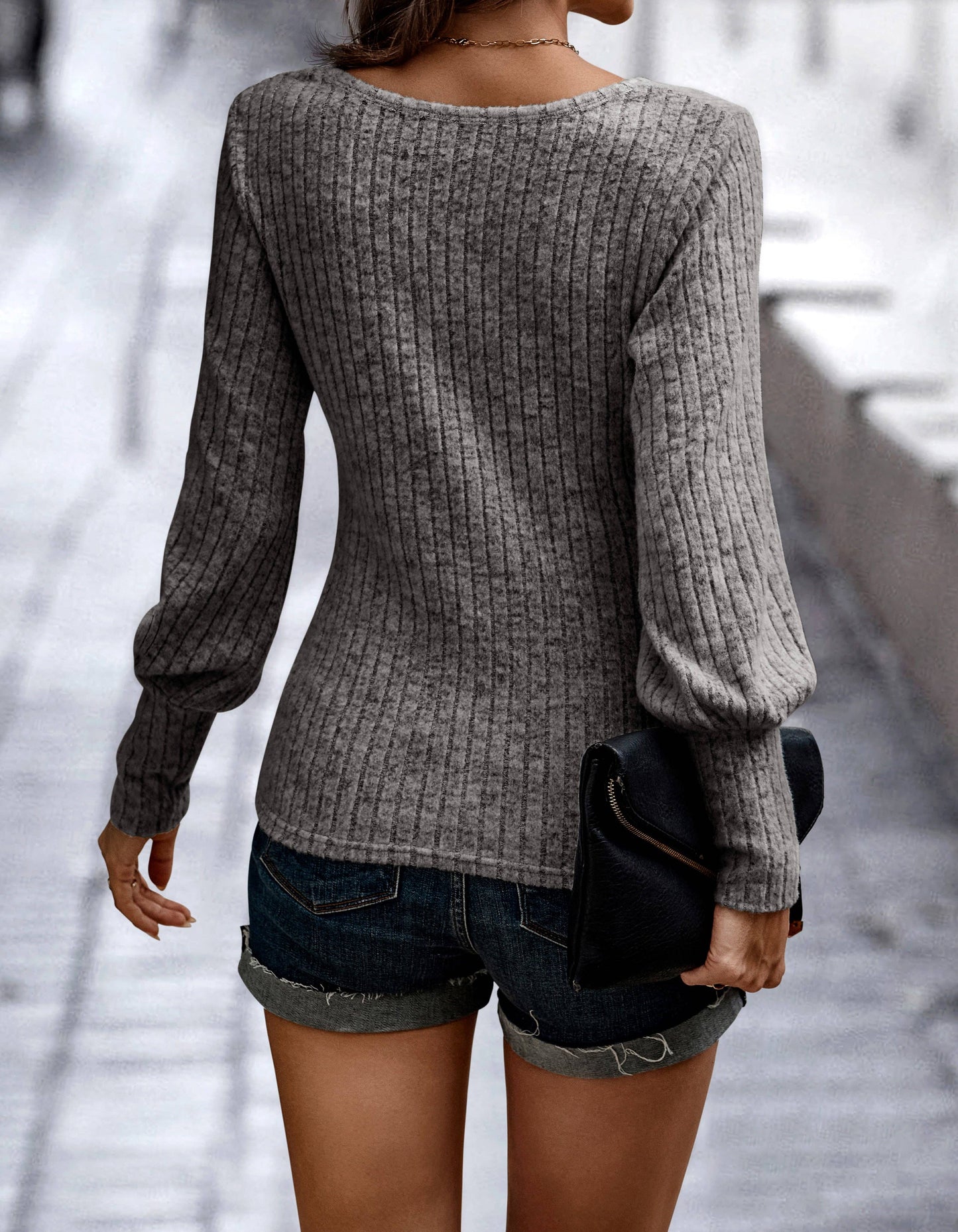 SZ1-TP2109 Soft Ribbed Knit Bishop Sleeve Top: Blue / L