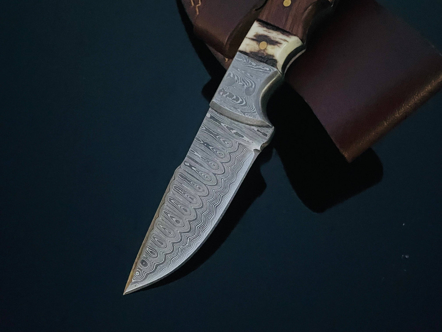 DAMASCUS STEEL FIXED BLADE KNIFE WITH WALNUT & STAG HORN HAN