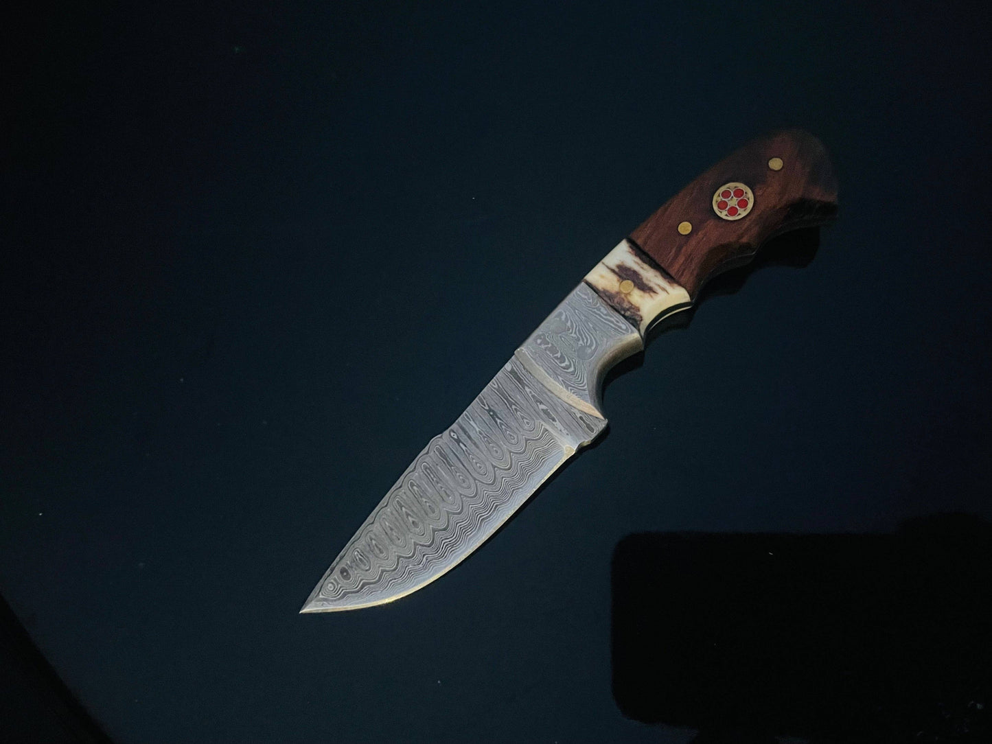 DAMASCUS STEEL FIXED BLADE KNIFE WITH WALNUT & STAG HORN HAN