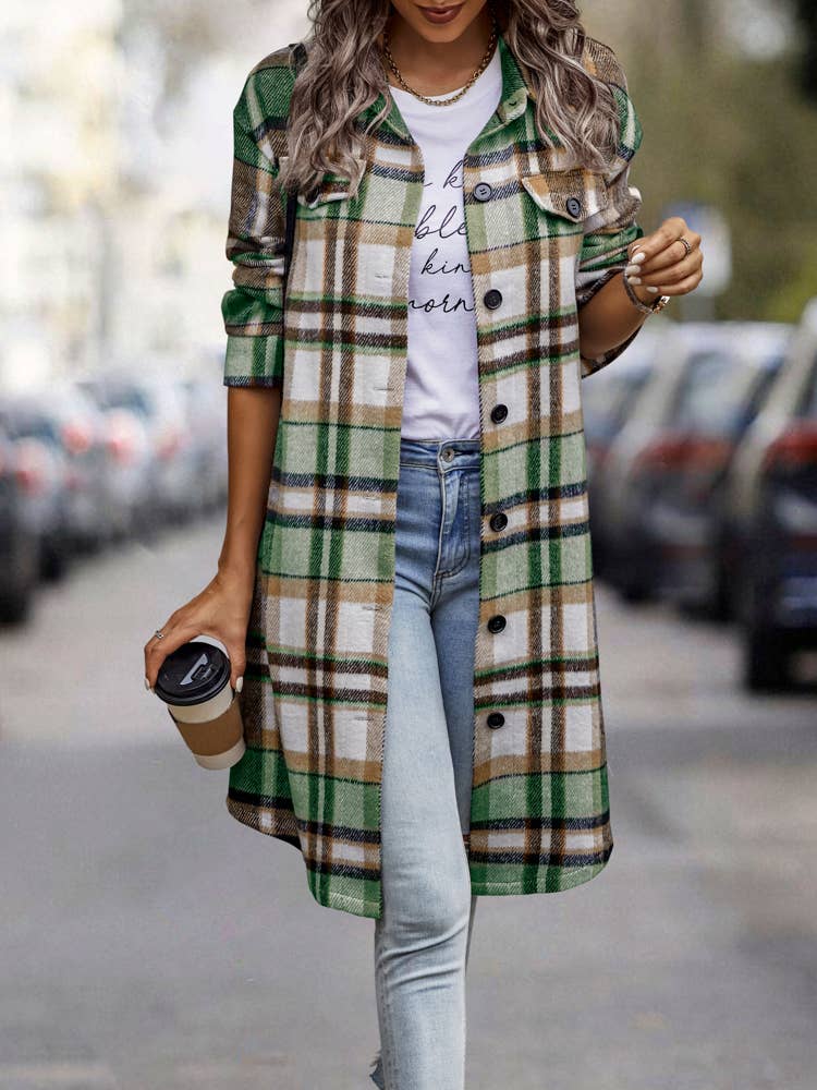 SZ1-JK8211 Plaid Button Down Long Coat: L / Navy Plaid