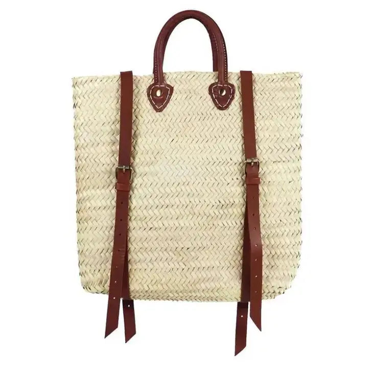 Straw Backpack - Straw Beach Bag with Leather Strap: Brown