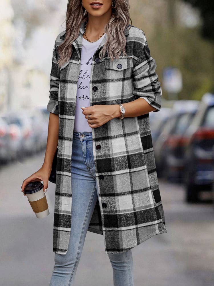 SZ1-JK8211 Plaid Button Down Long Coat: L / Navy Plaid