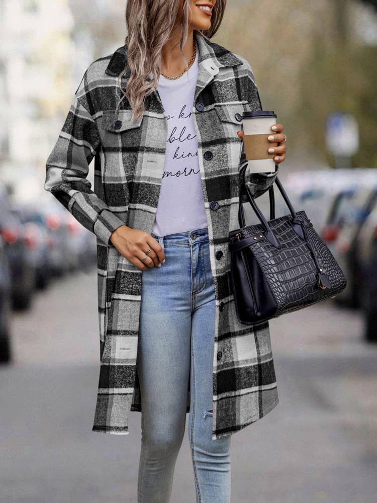 SZ1-JK8211 Plaid Button Down Long Coat: L / Navy Plaid