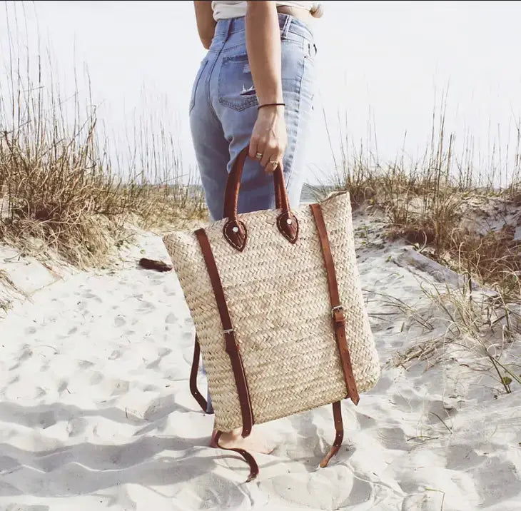 Straw Backpack - Straw Beach Bag with Leather Strap: Brown
