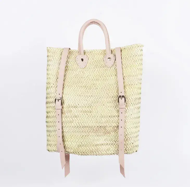 Straw Backpack - Straw Beach Bag with Leather Strap: Brown