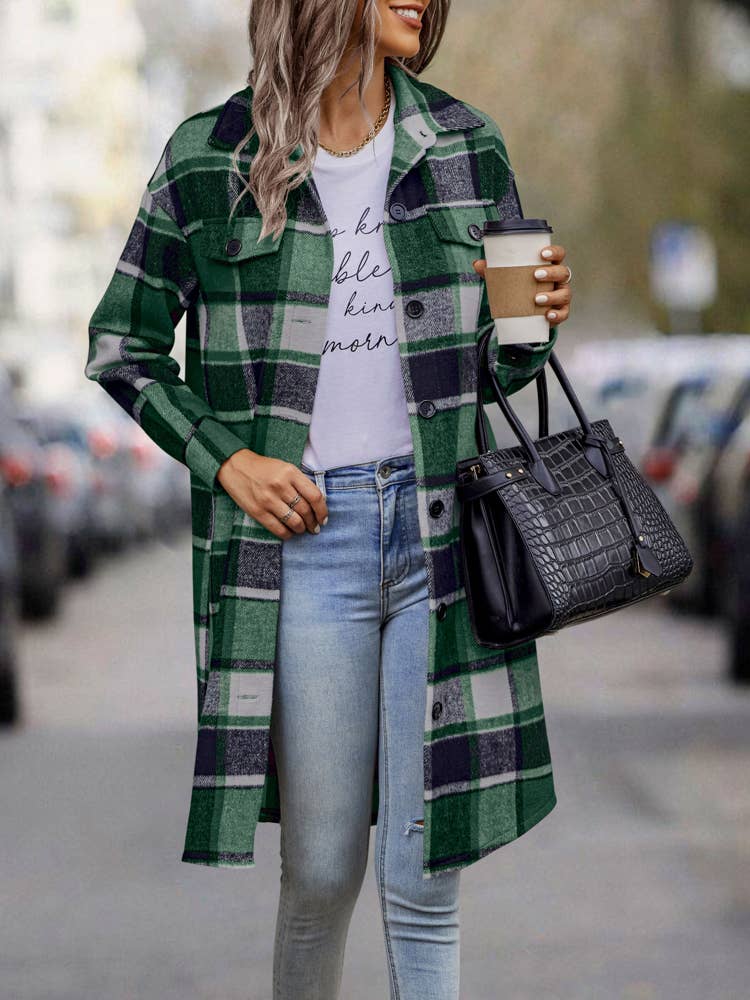 SZ1-JK8211 Plaid Button Down Long Coat: L / Navy Plaid
