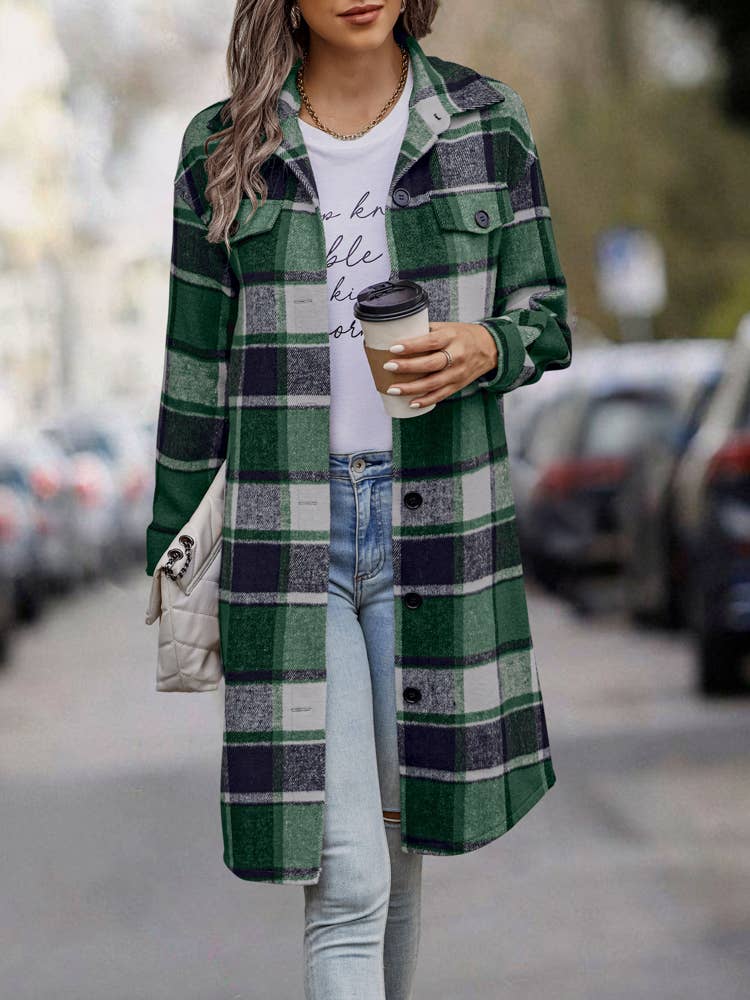 SZ1-JK8211 Plaid Button Down Long Coat: L / Navy Plaid