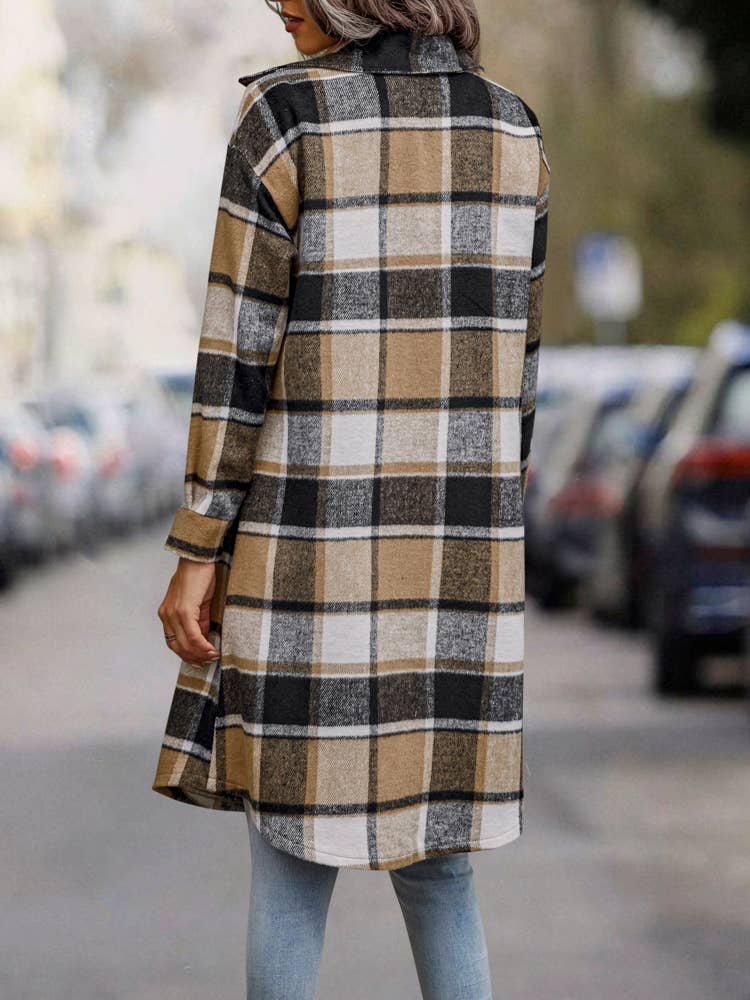 SZ1-JK8211 Plaid Button Down Long Coat: L / Navy Plaid