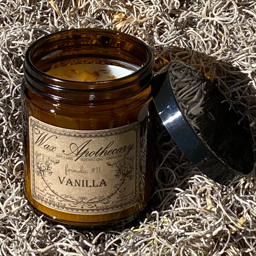 Vanilla 6oz Botanical Candle in Amber Glass Jar w/ Black Lid
