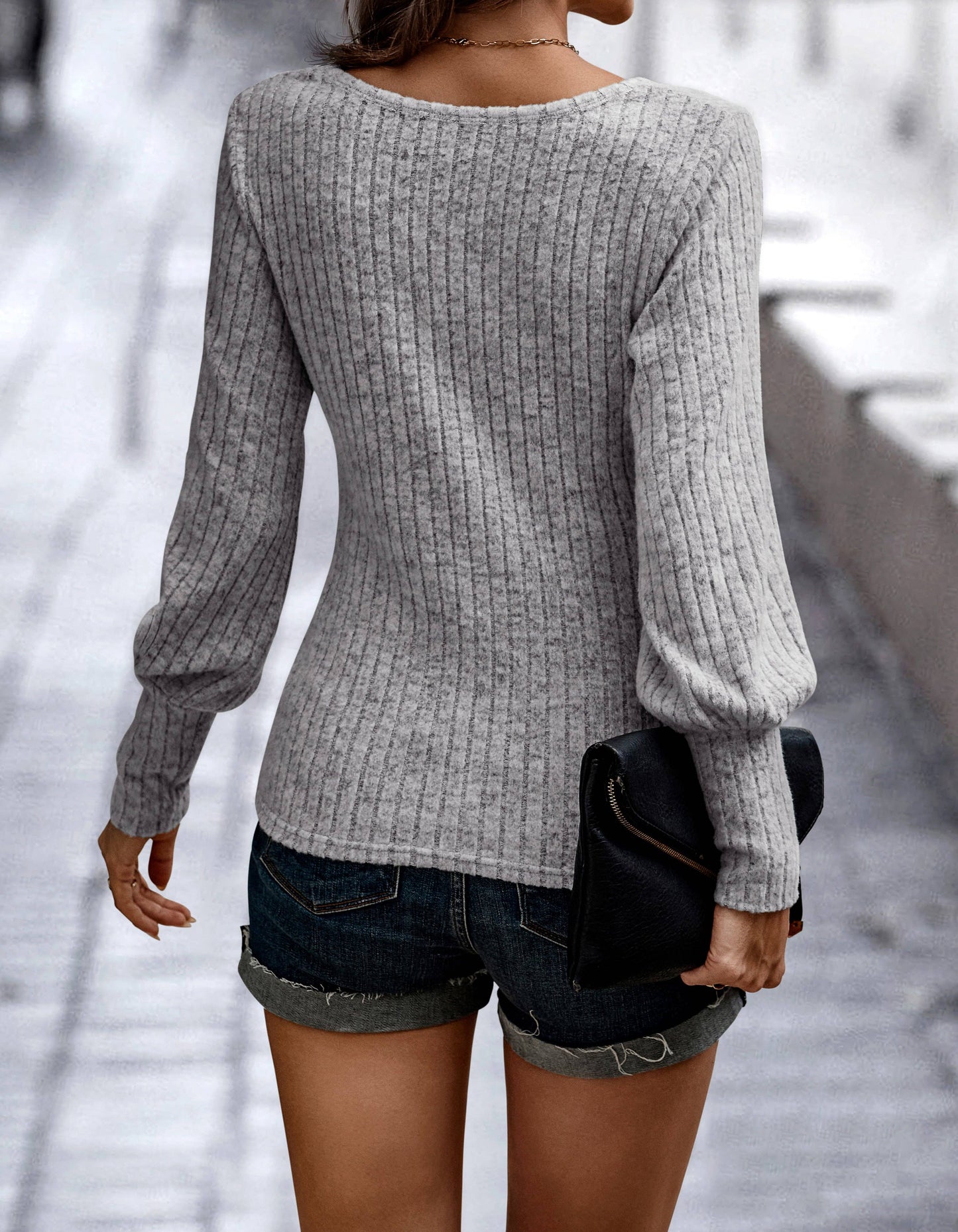 SZ1-TP2109 Soft Ribbed Knit Bishop Sleeve Top: Blue / L