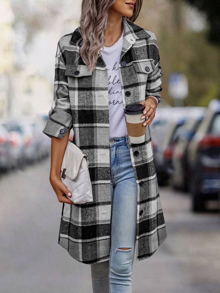 SZ1-JK8211 Plaid Button Down Long Coat: L / Navy Plaid