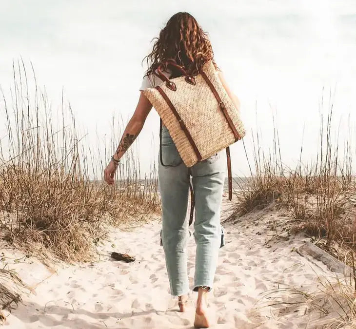 Straw Backpack - Straw Beach Bag with Leather Strap: Brown