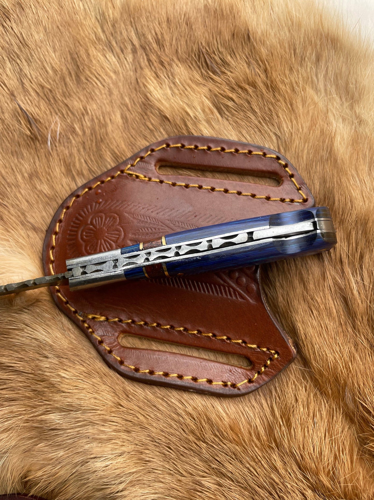 POCKET KNIFE BLUE DIAMOND WOOD 6.5'' DAMASCUS STEEL KNIFE ST