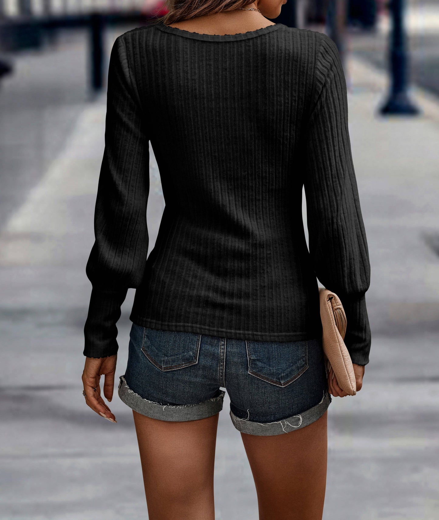 SZ1-TP2109 Soft Ribbed Knit Bishop Sleeve Top: Blue / S