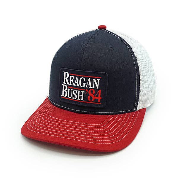 Reagan Bush Woven Patch Hat: Curved Bill Snapback / Heather And White