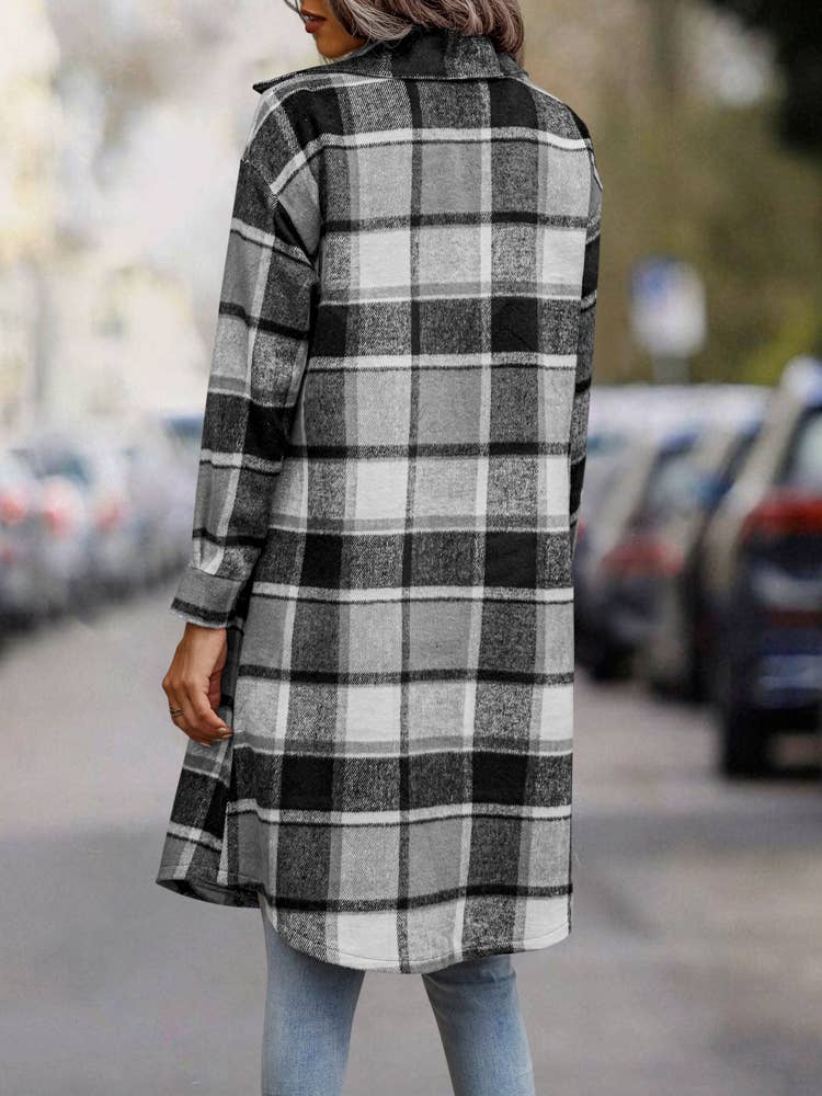 SZ1-JK8211 Plaid Button Down Long Coat: L / Navy Plaid