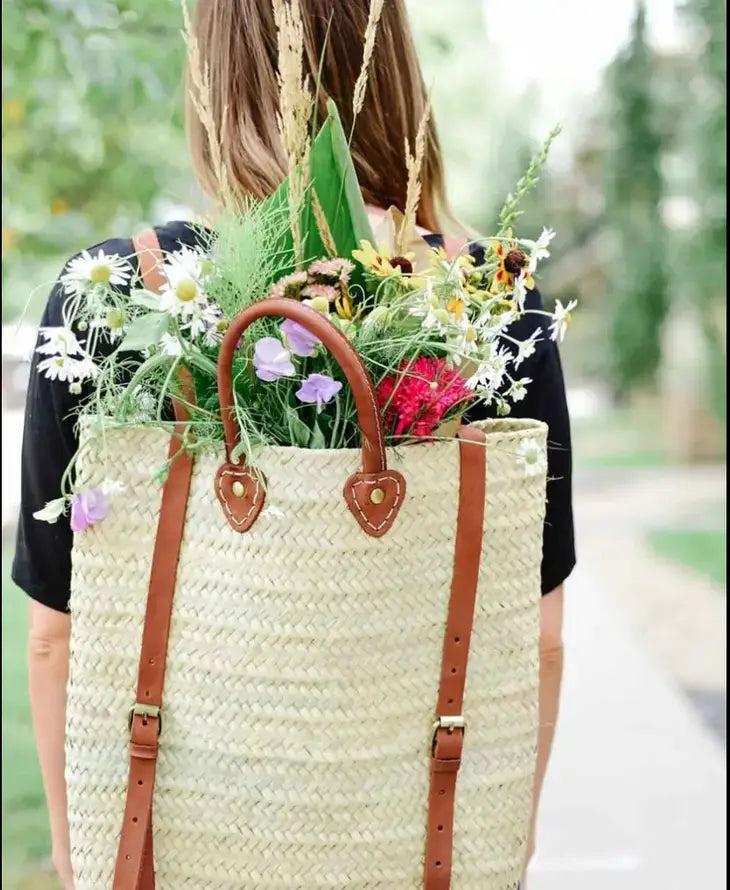 Straw Backpack - Straw Beach Bag with Leather Strap: Brown