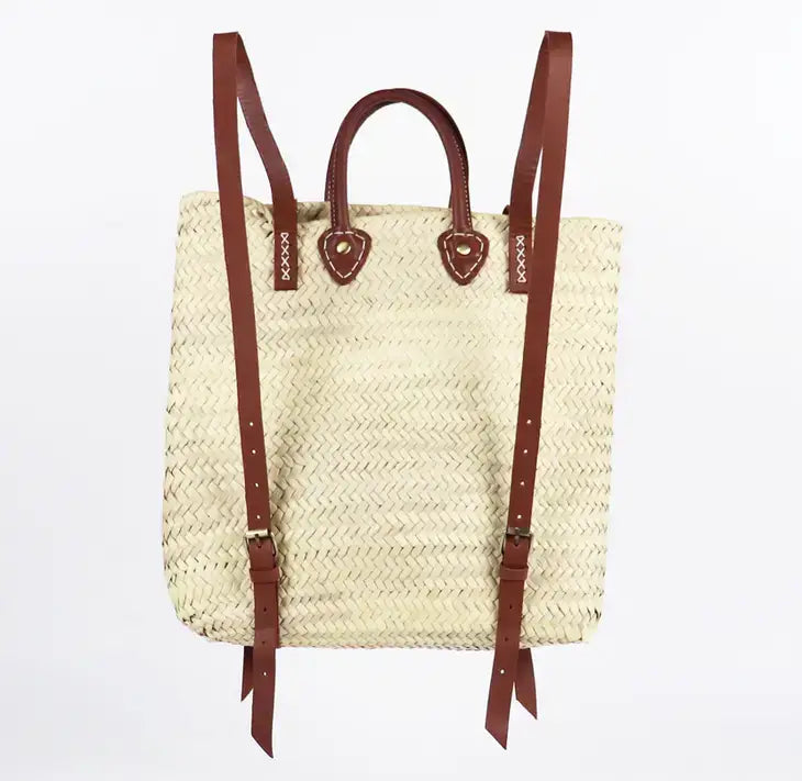 Straw Backpack - Straw Beach Bag with Leather Strap: Brown