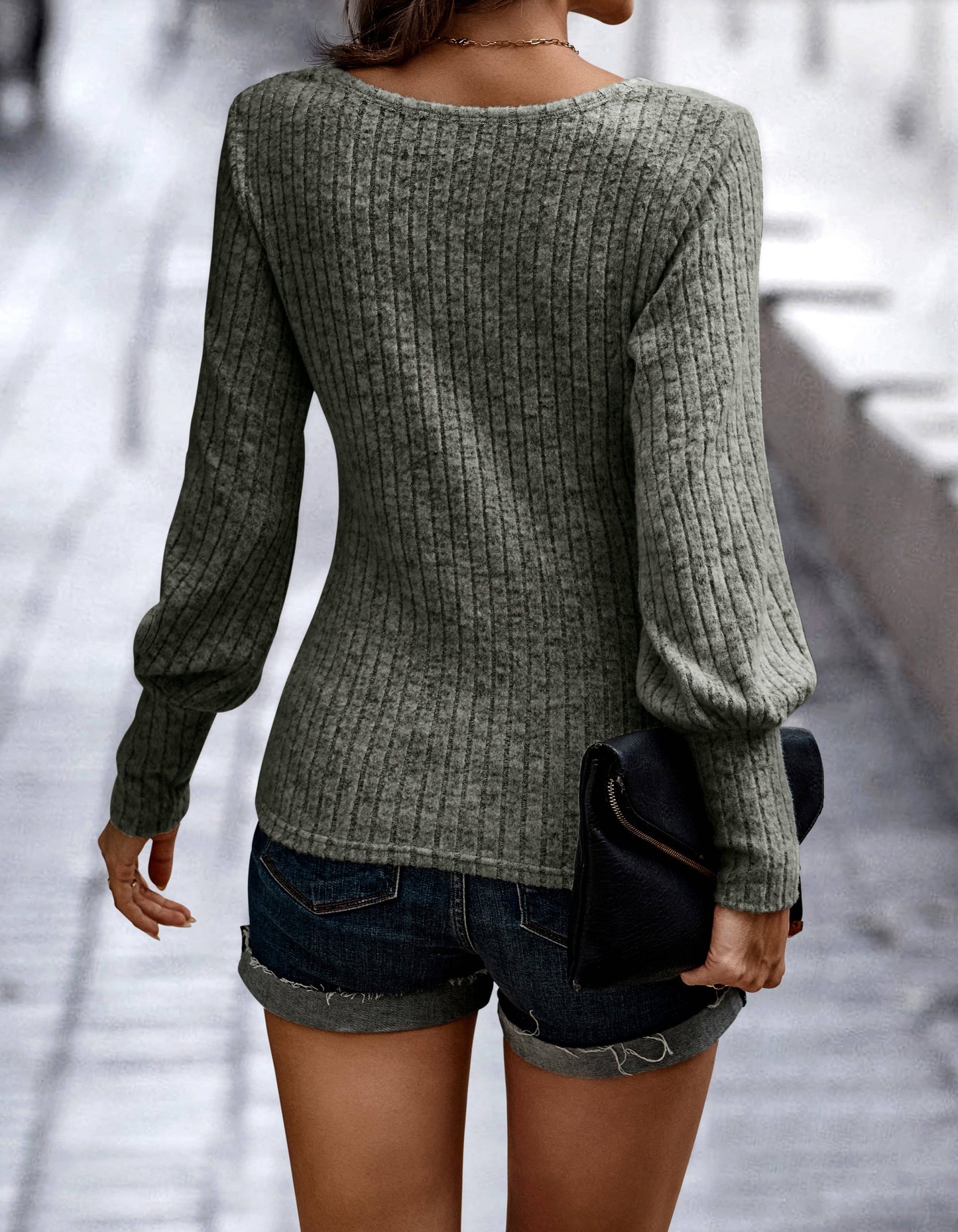 SZ1-TP2109 Soft Ribbed Knit Bishop Sleeve Top: Blue / XL