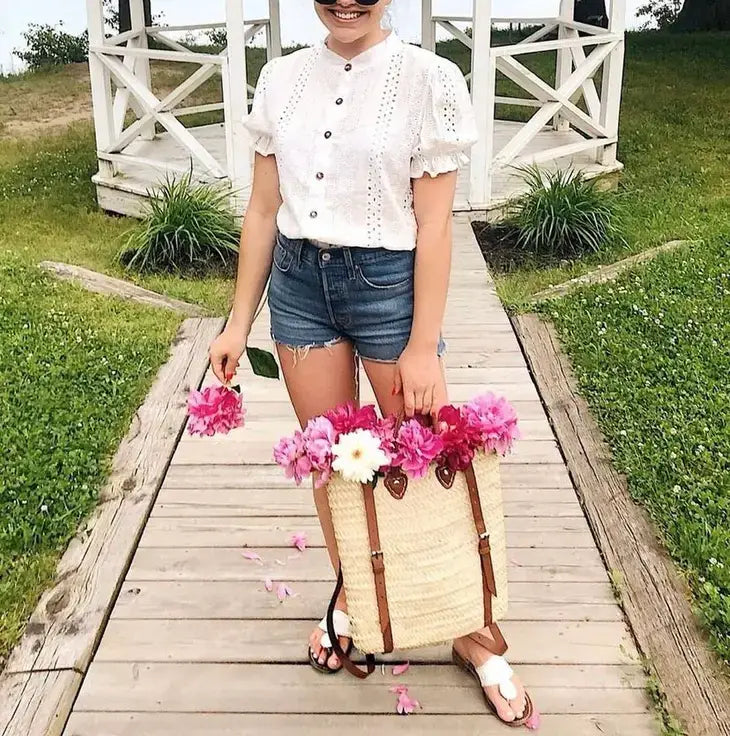 Straw Backpack - Straw Beach Bag with Leather Strap: Brown