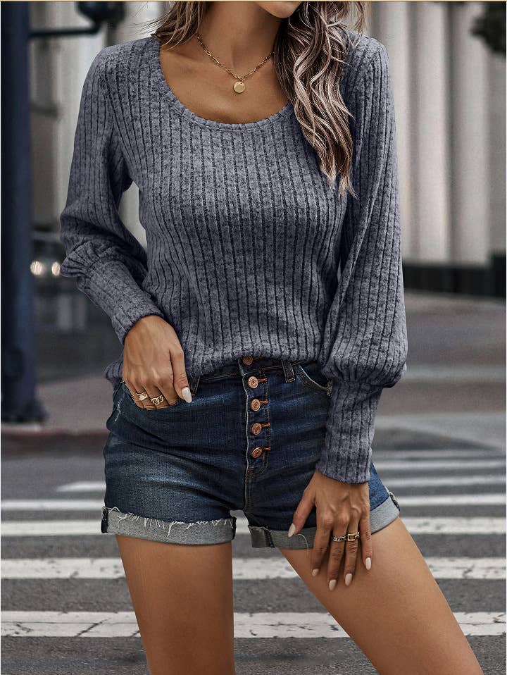 SZ1-TP2109 Soft Ribbed Knit Bishop Sleeve Top: Blue / S