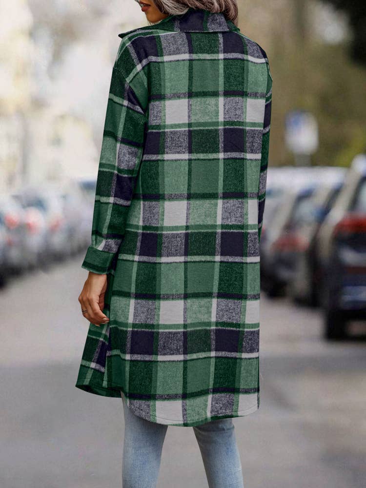 SZ1-JK8211 Plaid Button Down Long Coat: L / Navy Plaid