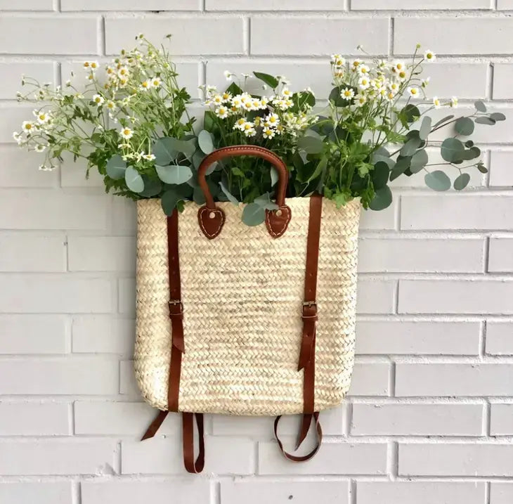 Straw Backpack - Straw Beach Bag with Leather Strap: Brown