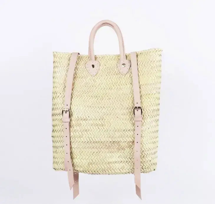 Straw Backpack - Straw Beach Bag with Leather Strap: Brown