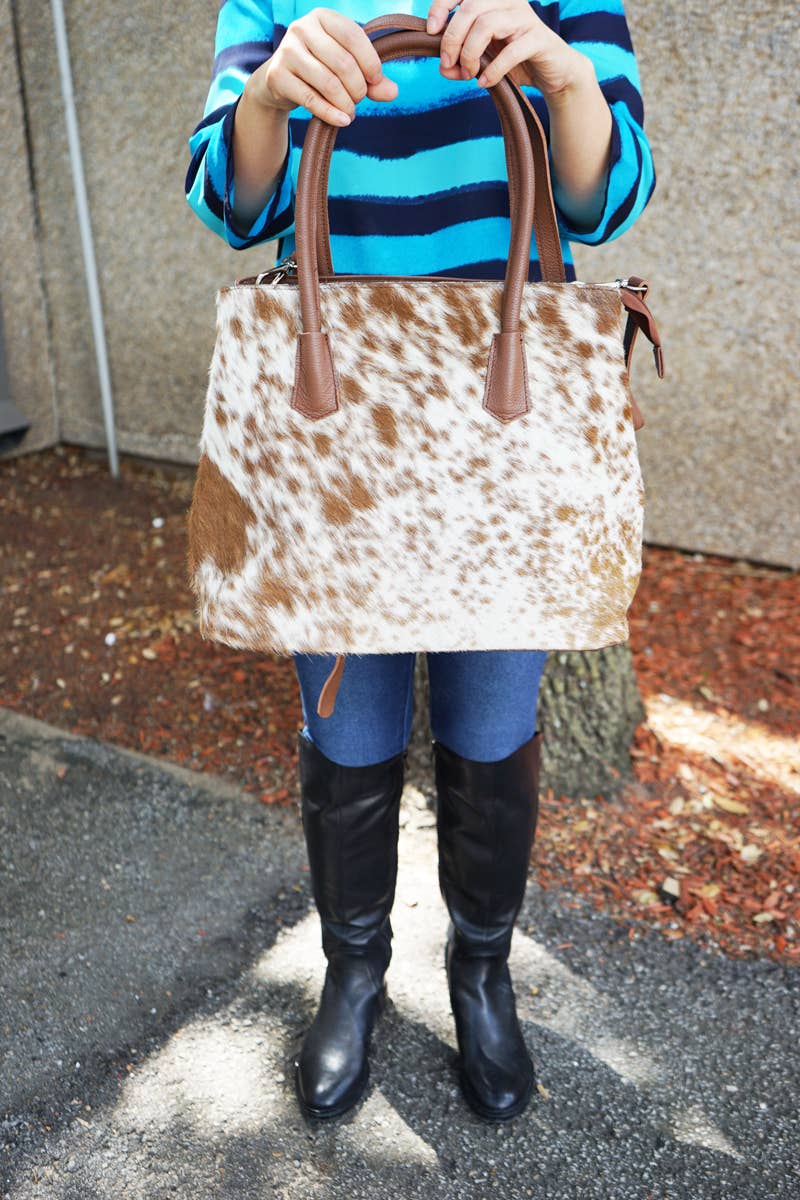 Cowhide Bag Hand bag with strip H12: BROWN