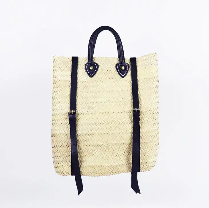 Straw Backpack - Straw Beach Bag with Leather Strap: Brown