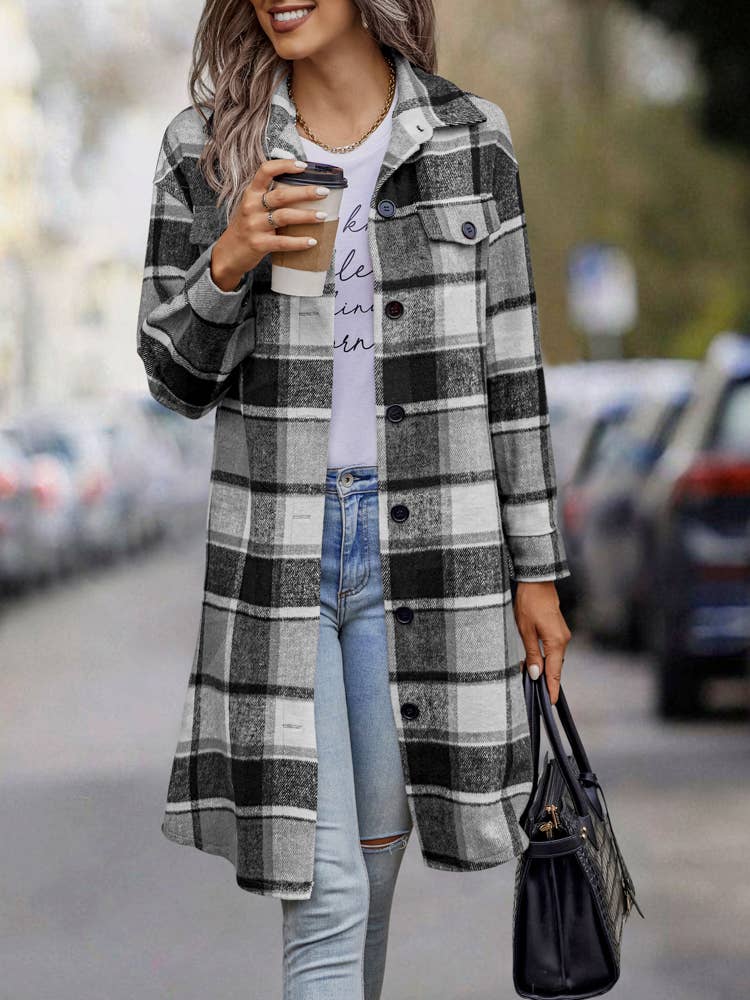SZ1-JK8211 Plaid Button Down Long Coat: L / Navy Plaid