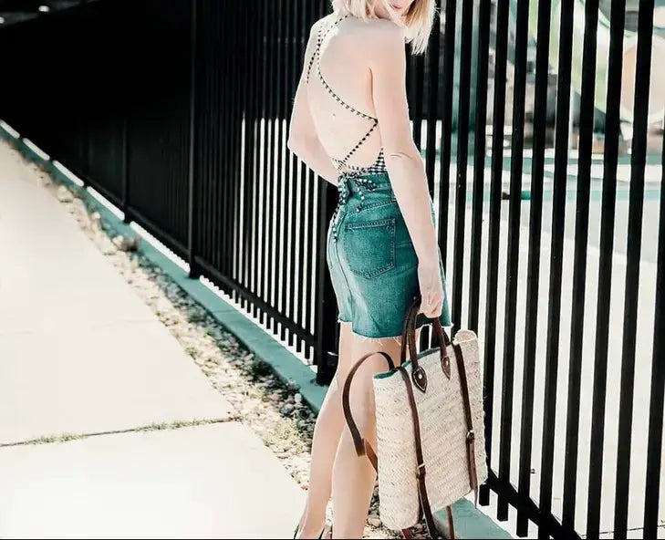 Straw Backpack - Straw Beach Bag with Leather Strap: Brown