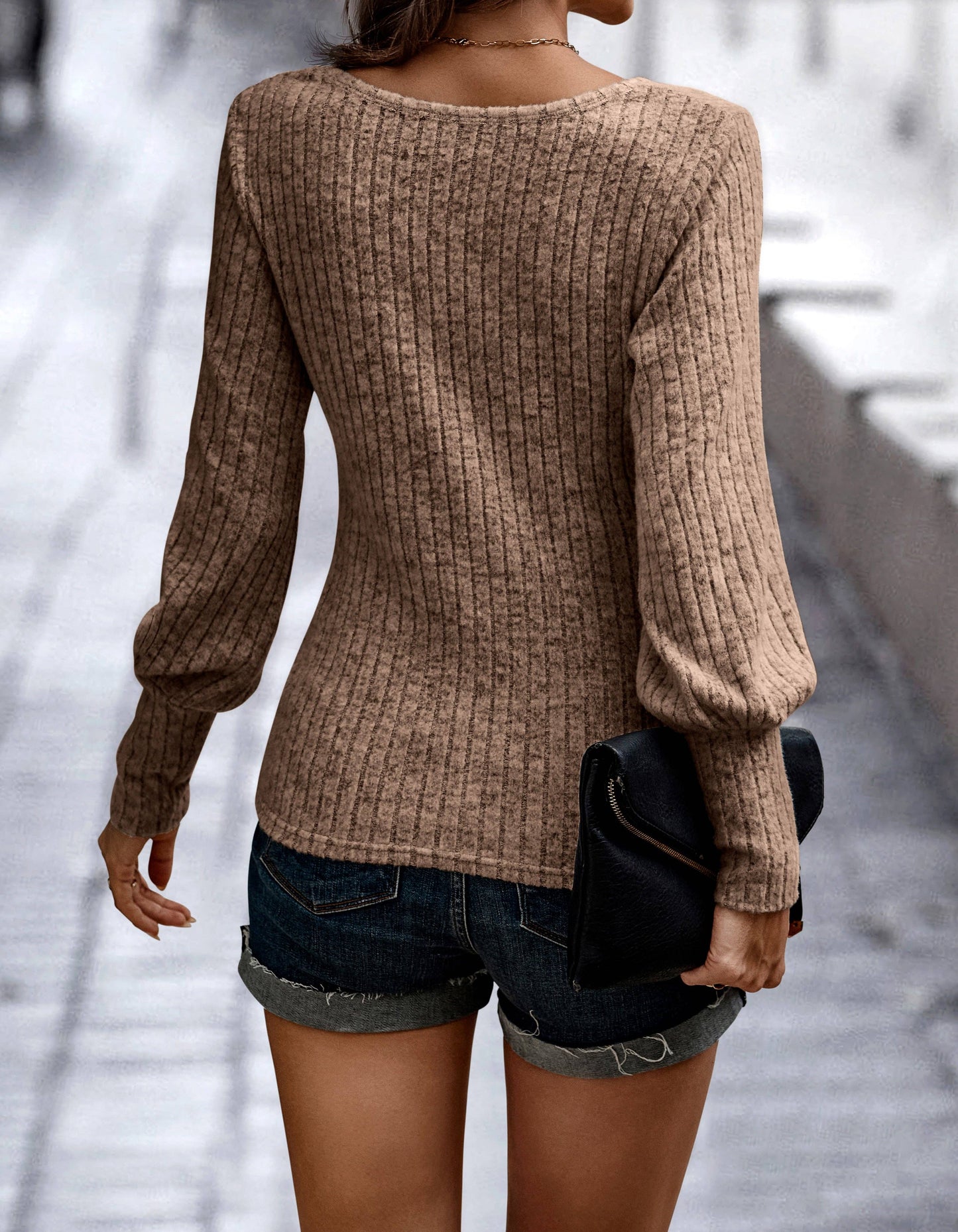SZ1-TP2109 Soft Ribbed Knit Bishop Sleeve Top: Blue / XL