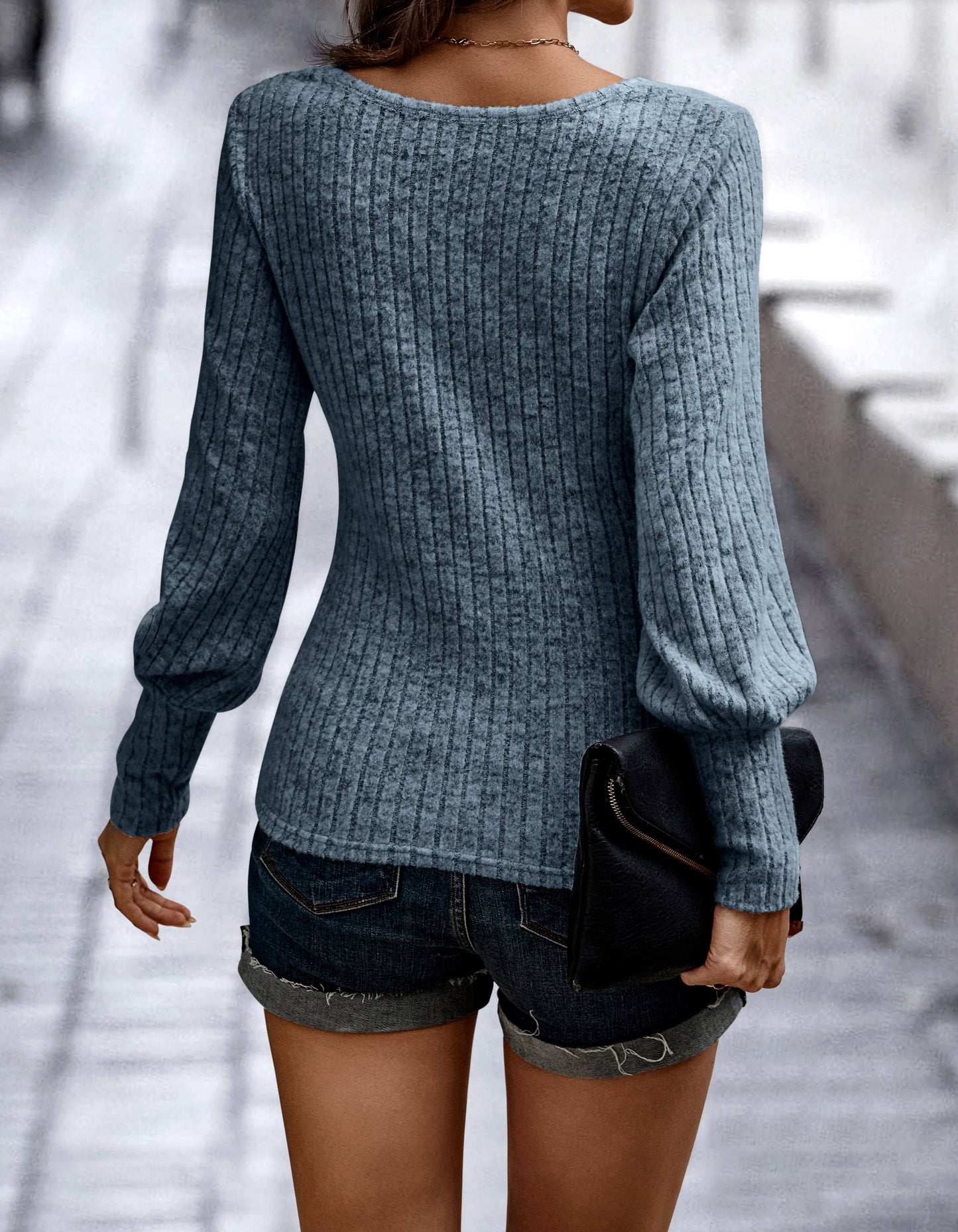 SZ1-TP2109 Soft Ribbed Knit Bishop Sleeve Top: Blue / S