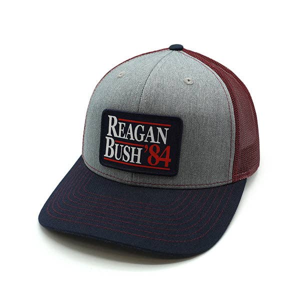 Reagan Bush Woven Patch Hat: Curved Bill Snapback / Heather And White