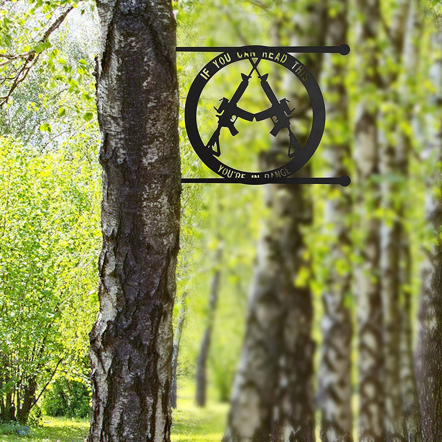 Metal No Trespassing Sign "You're In Range" Gun Metal Door