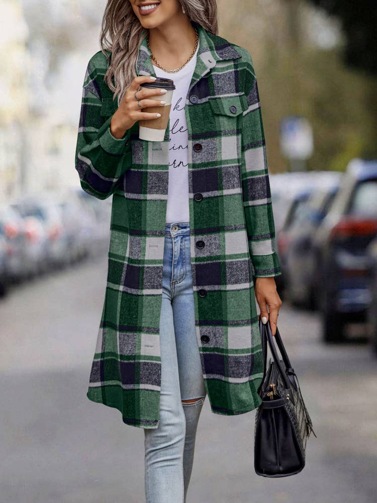 SZ1-JK8211 Plaid Button Down Long Coat: L / Navy Plaid