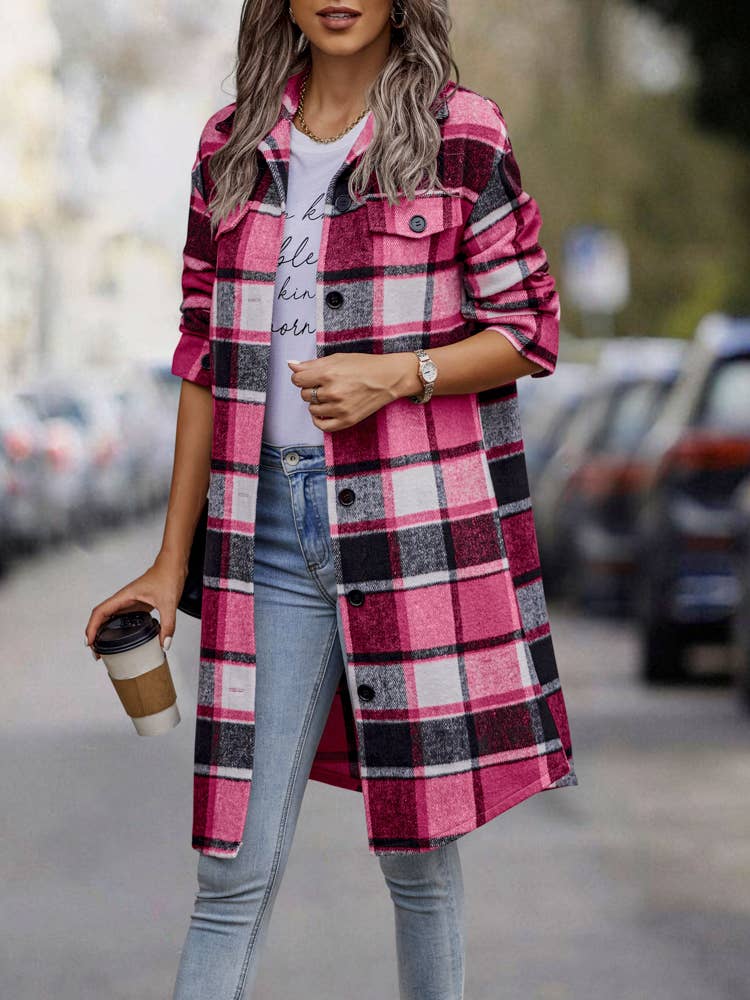 SZ1-JK8211 Plaid Button Down Long Coat: L / Navy Plaid
