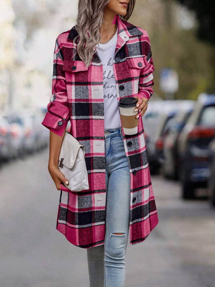 SZ1-JK8211 Plaid Button Down Long Coat: L / Navy Plaid