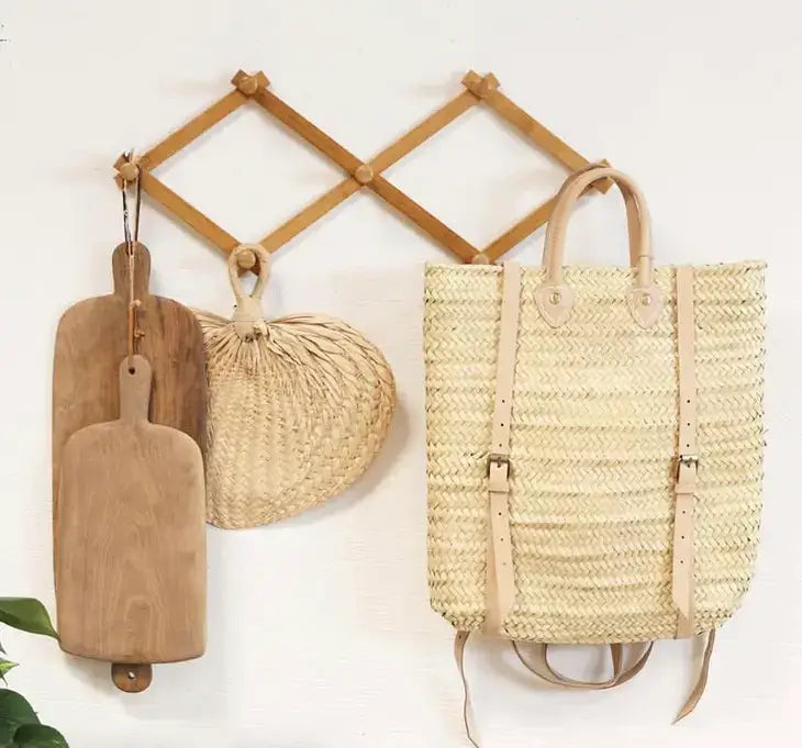 Straw Backpack - Straw Beach Bag with Leather Strap: Brown
