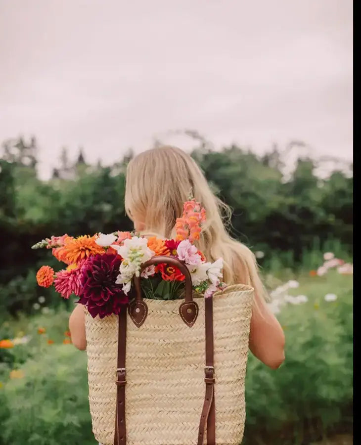 Straw Backpack - Straw Beach Bag with Leather Strap: Brown