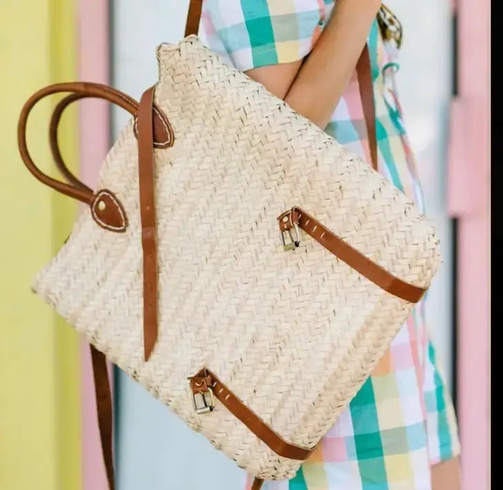 Straw Backpack - Straw Beach Bag with Leather Strap: Brown