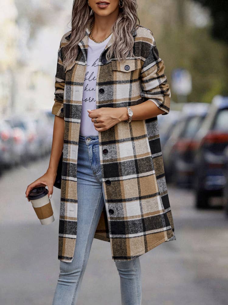 SZ1-JK8211 Plaid Button Down Long Coat: L / Navy Plaid